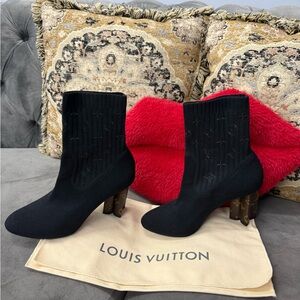 Louis Vuitton Black Knit Monogram Sock Ankle Boots with Monogram Block Heels